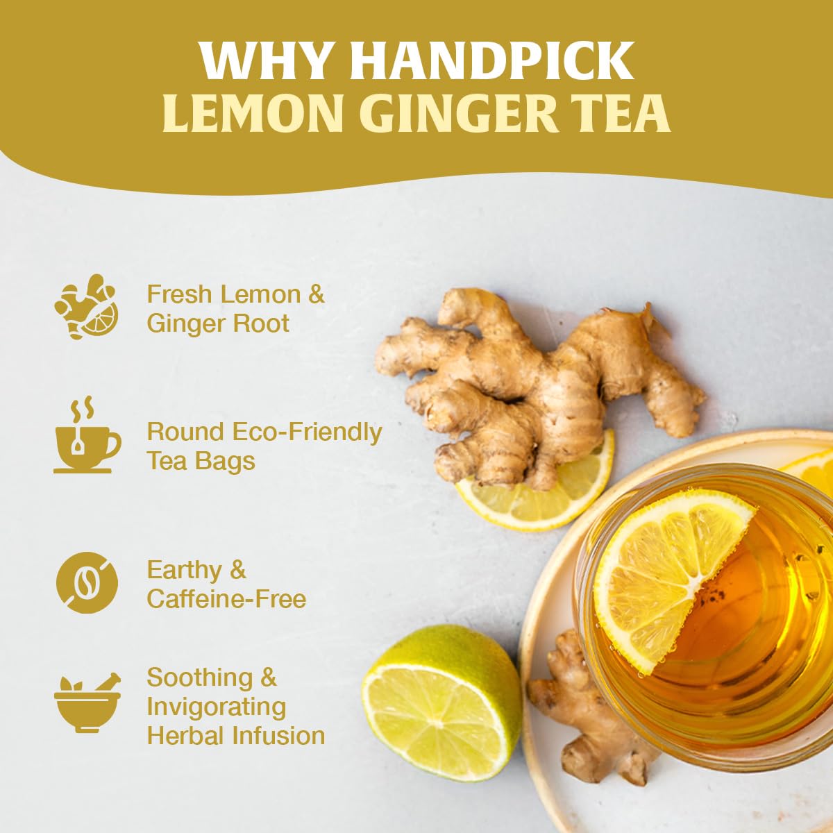 HANDPICK Lemon Ginger Herbal Tea brewed cup with steam and vibrant color