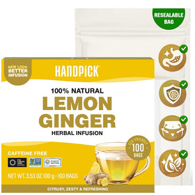 HANDPICK Lemon Ginger Herbal Tea pyramid bags ready for brewing a caffeine-free citrus moment