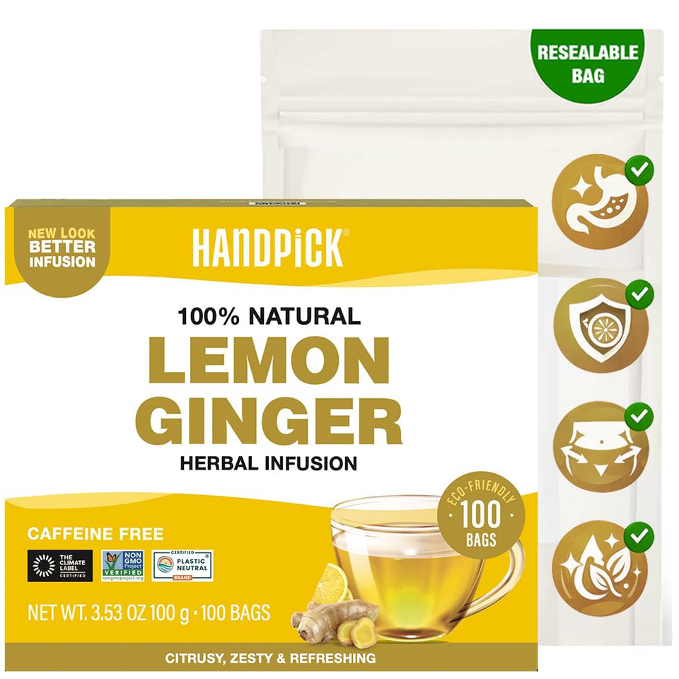 HANDPICK Lemon Ginger Herbal Tea pyramid bags ready for brewing a caffeine-free citrus moment