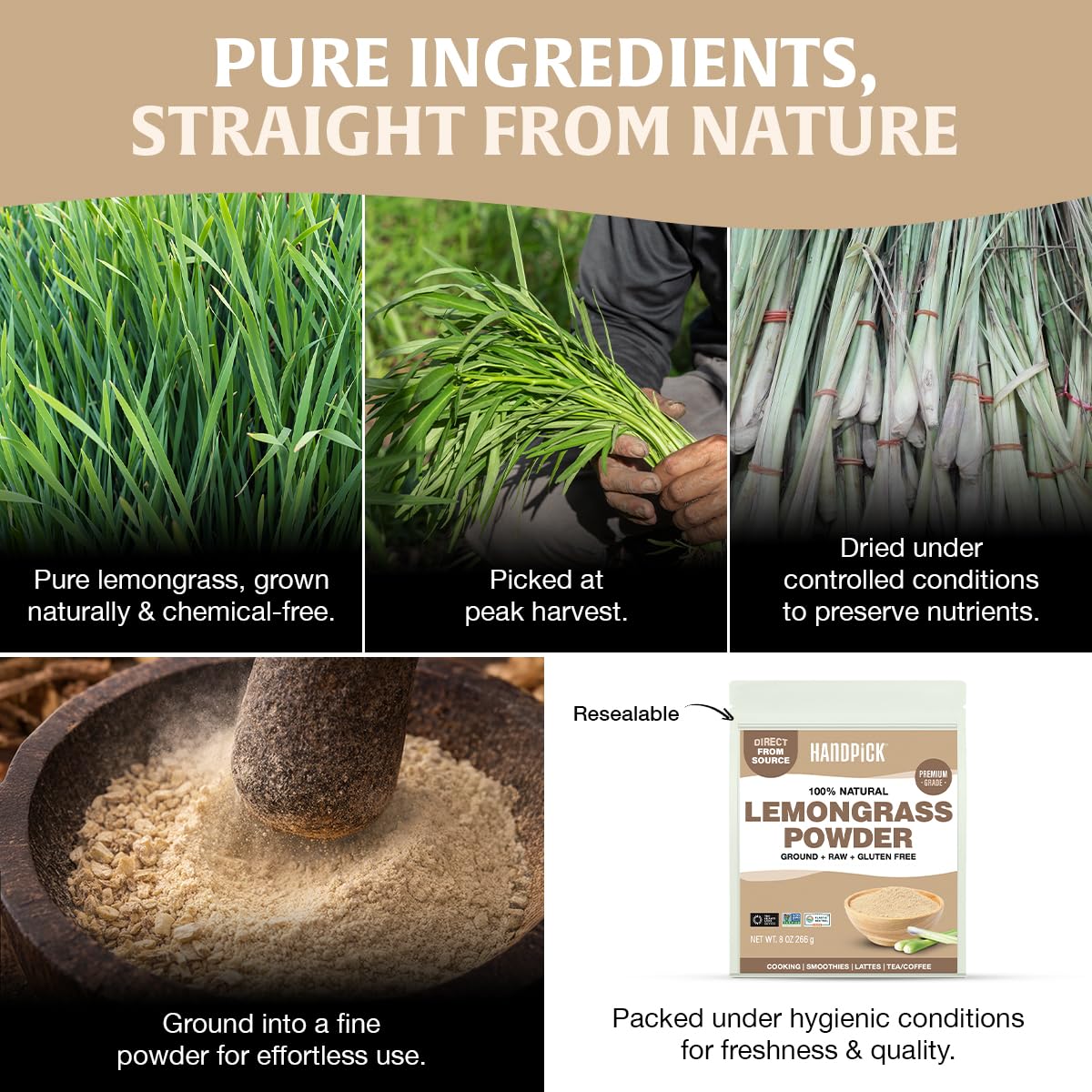 HANDPICK lemongrass powder label highlighting authenticity and origin