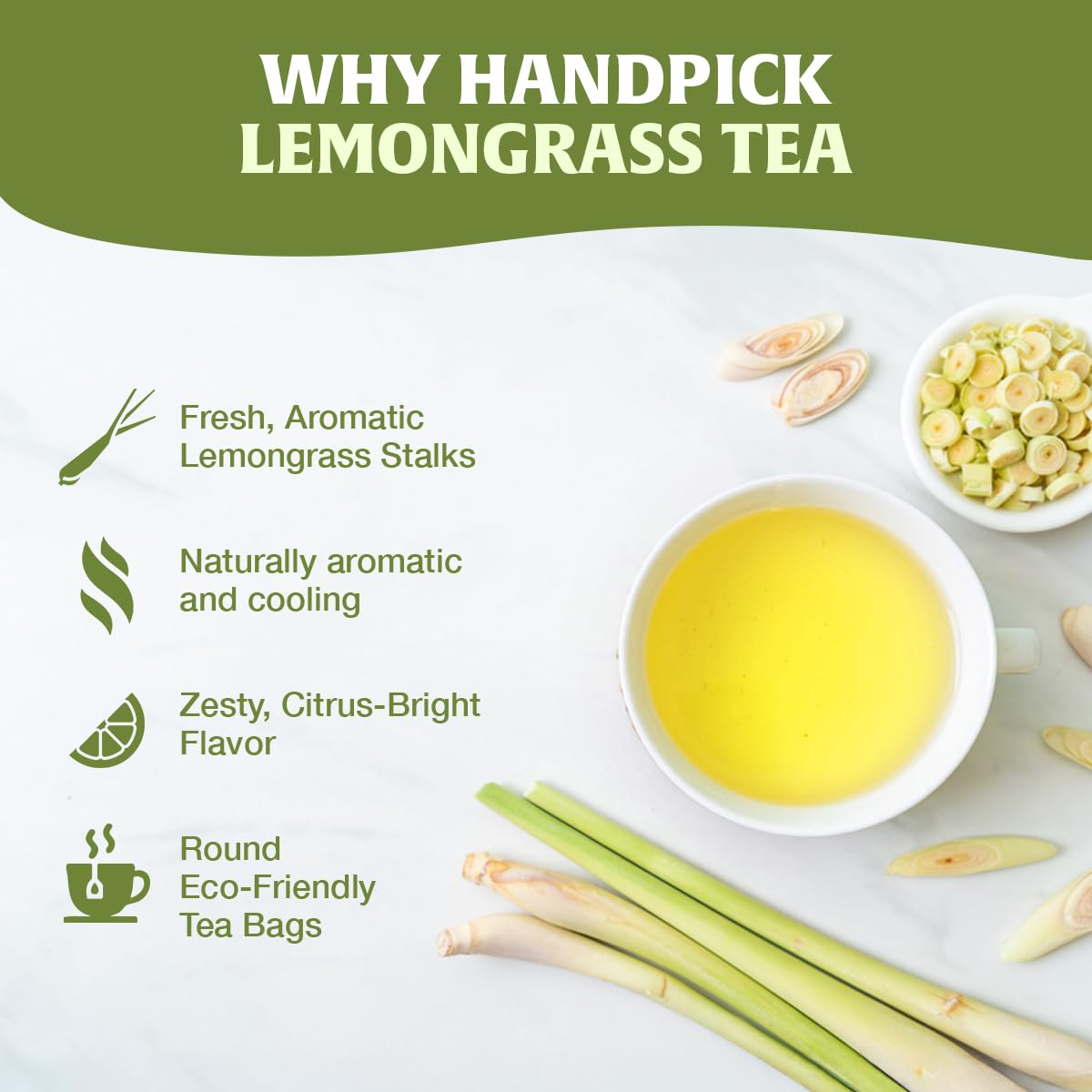 HANDPICK Lemongrass Tea Bags dry leaves detail, non-GMO and pure ingredients.