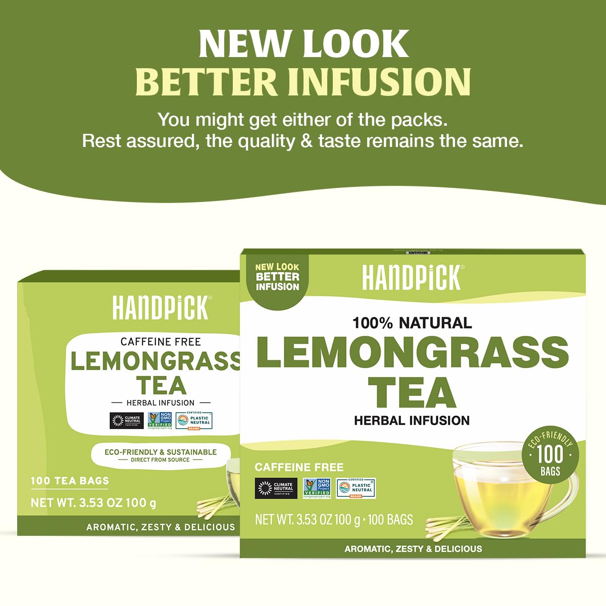 HANDPICK Lemongrass Tea Bags closeup of leaves and bright citrus aroma.
