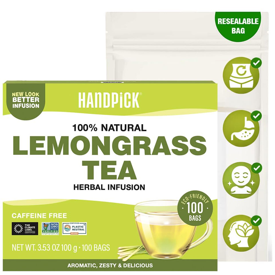 HANDPICK Lemongrass Tea Bags pack shot with eco-friendly packaging.
