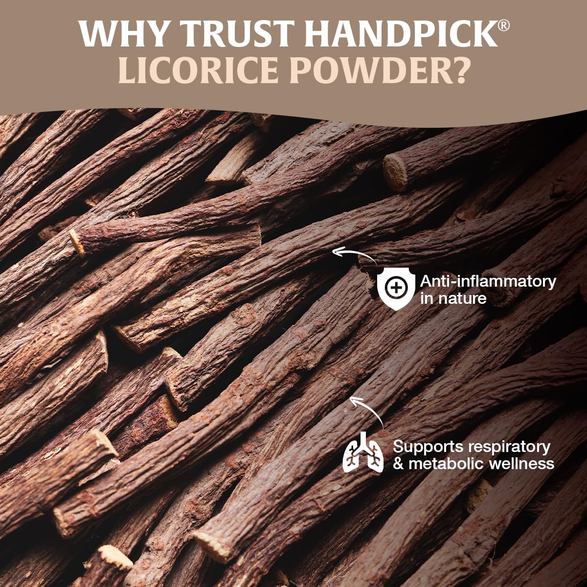 Shelf display of HANDPICK licorice root powder highlighting authentic Indian ingredients