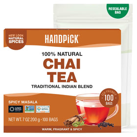 HANDPICK Masala Chai box shows 100 count packaging for easy stocking.