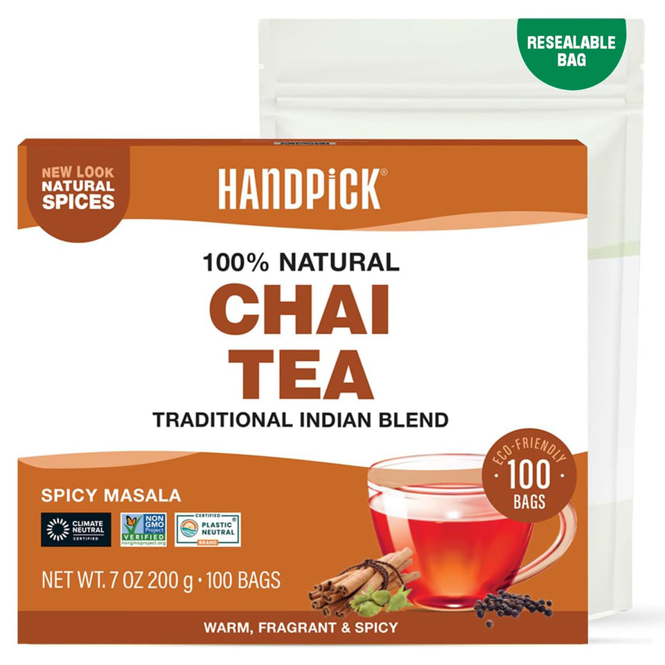 HANDPICK Masala Chai box shows 100 count packaging for easy stocking.