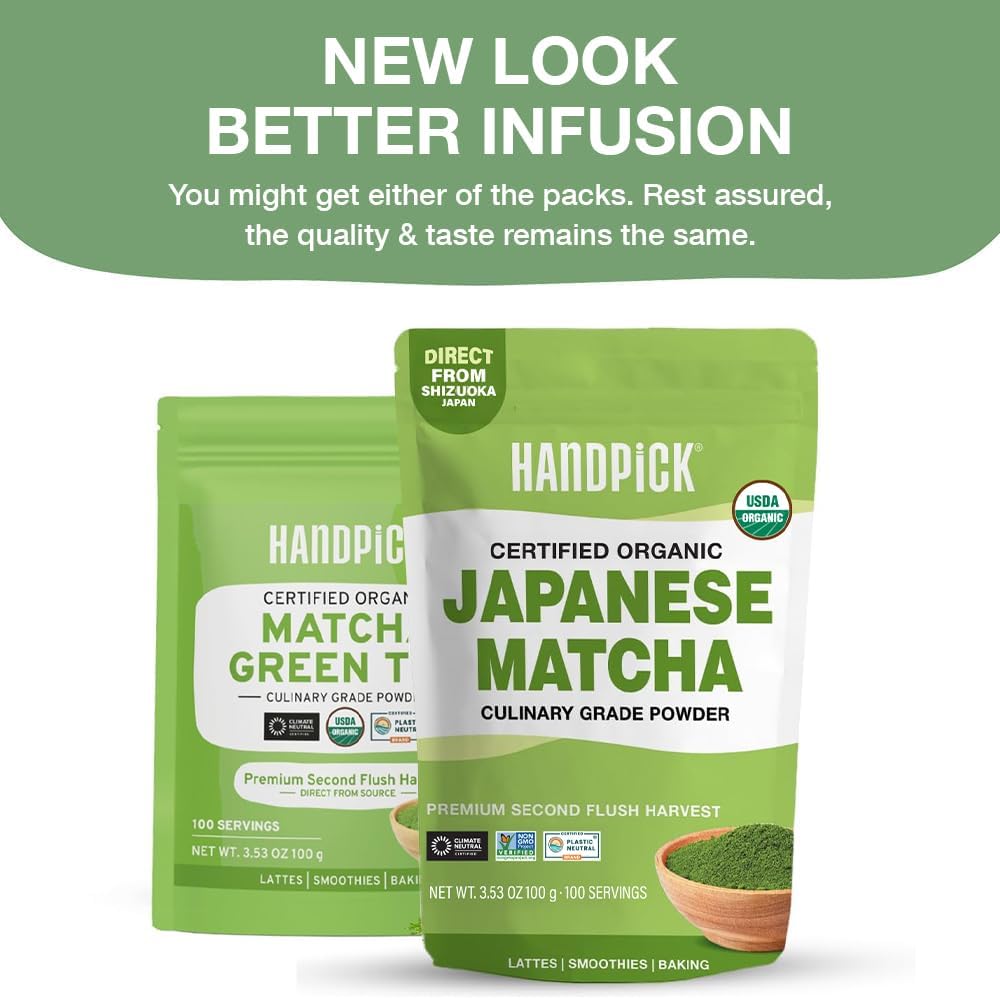 HANDPICK Matcha green tea powder in resealable pouch for lasting freshness.