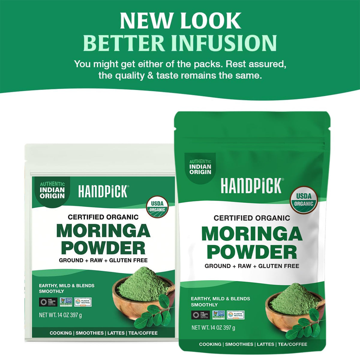 HANDPICK Moringa Powder close-up texture highlights vibrant green powder for smoothies
