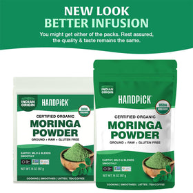 HANDPICK Moringa Powder close-up texture highlights vibrant green powder for smoothies