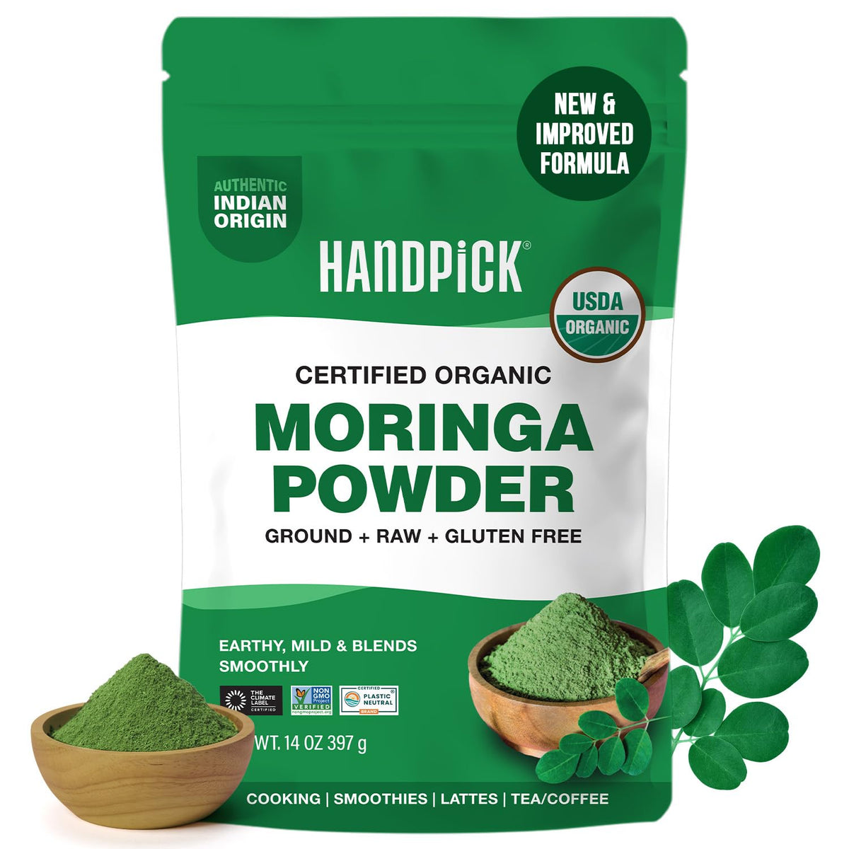 HANDPICK Moringa Powder packaging front showing organic branding for premium use