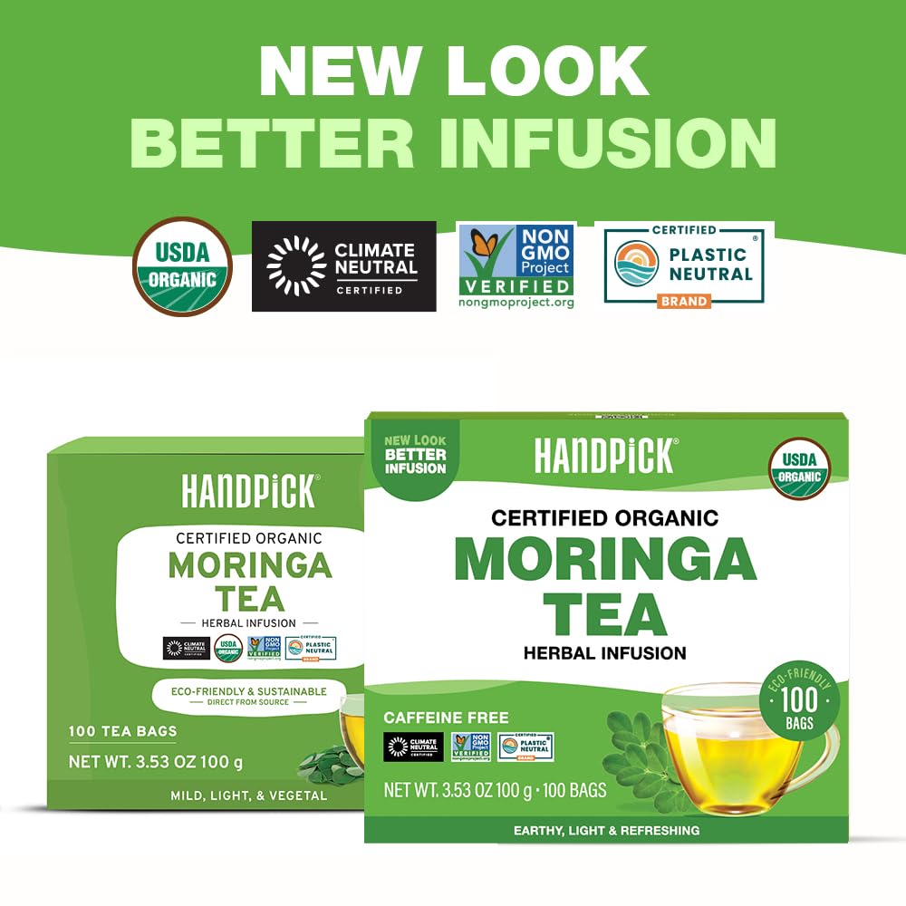 HANDPICK moringa tea bags in cup during brew highlighting aroma and caffeine-free calm