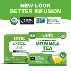 HANDPICK moringa tea bags in cup during brew highlighting aroma and caffeine-free calm