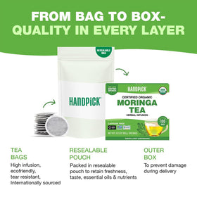 HANDPICK non-GMO label confirms pure moringa leaves free from additives