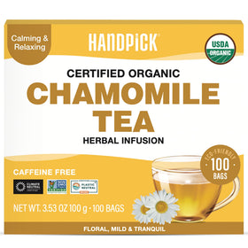 HANDPICK Organic Chamomile Tea Bags in a cup showing calming aroma and floral notes