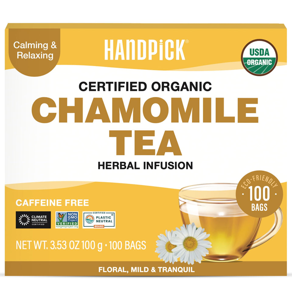 HANDPICK Organic Chamomile Tea Bags in a cup showing calming aroma and floral notes