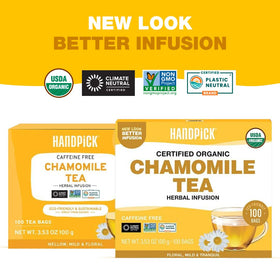 HANDPICK packaging showcasing eco-friendly, dye-free round tea bags for pure brew