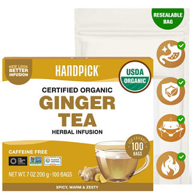 HANDPICK Organic Ginger Tea Bags packaging showcases pure ingredients for a comforting cup.