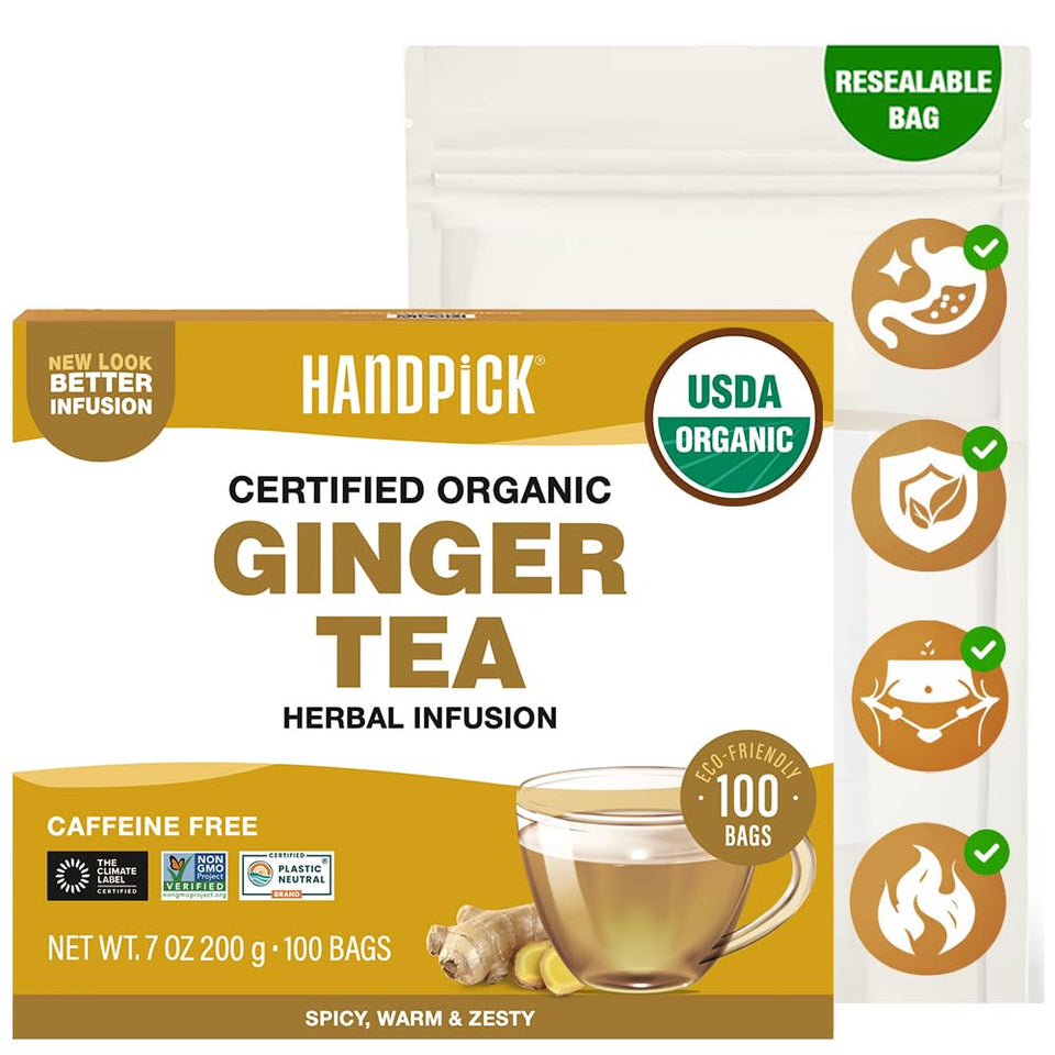 HANDPICK Organic Ginger Tea Bags packaging showcases pure ingredients for a comforting cup.