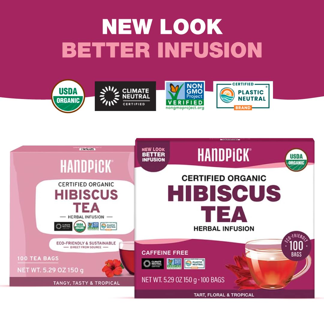 HANDPICK hibiscus tea bags closeup label highlights Non-GMO and caffeine-free promise