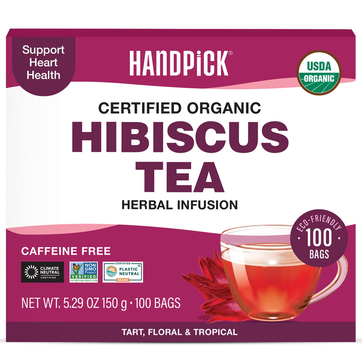 HANDPICK organic hibiscus tea bags packaging showing premium hibiscus and eco-conscious design