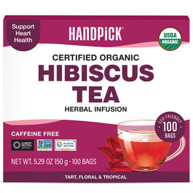 HANDPICK organic hibiscus tea bags packaging showing premium hibiscus and eco-conscious design