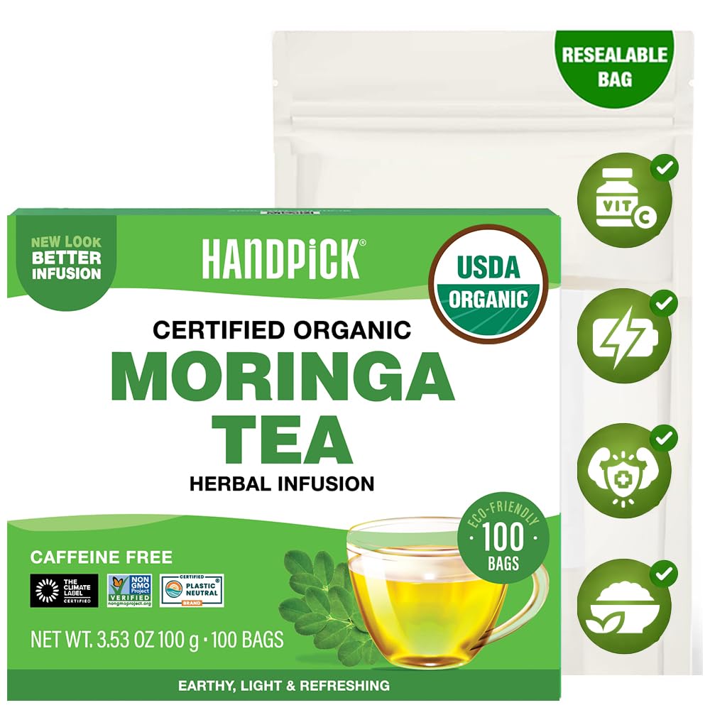 HANDPICK organic moringa tea bags packaging shows eco-friendly design for clean sourcing