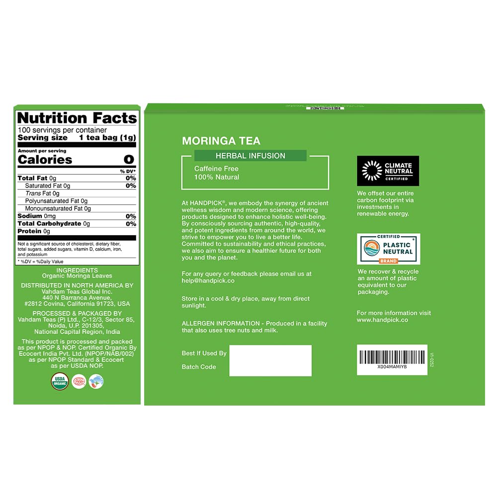 HANDPICK organic moringa tea box highlights 100-count convenience