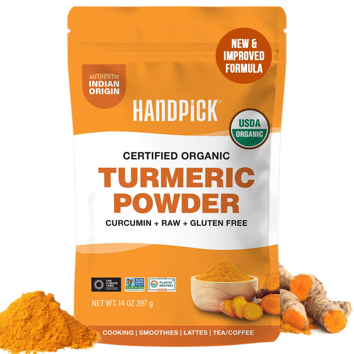 HANDPICK organic turmeric powder bag front, ideal for vibrant curries.