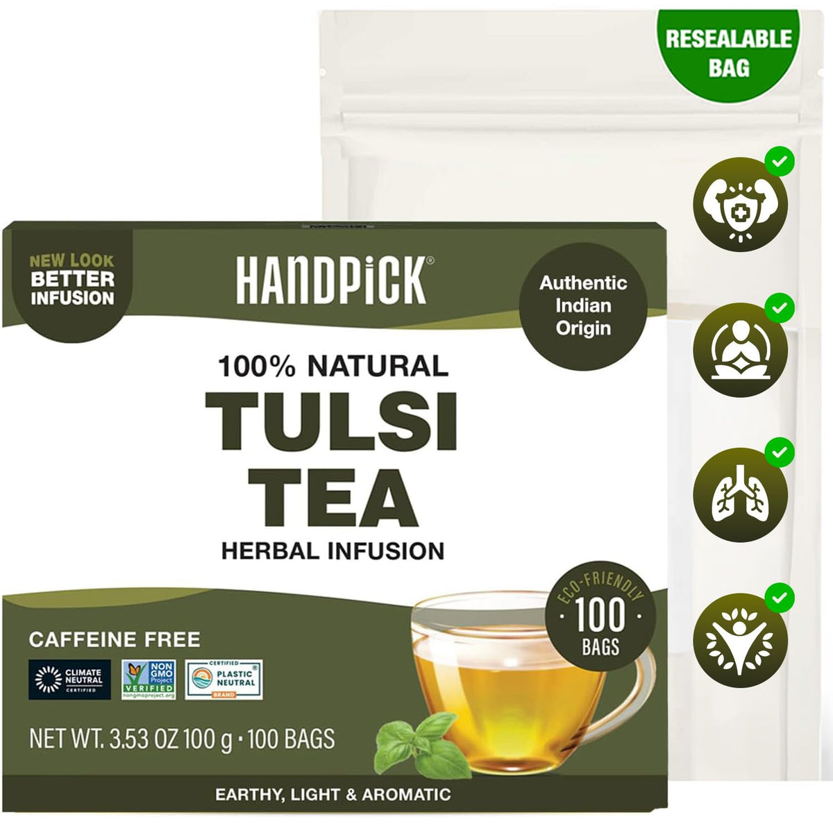 HANDPICK Original Tulsi Tea in eco-friendly packaging, ideal for a calm evening.