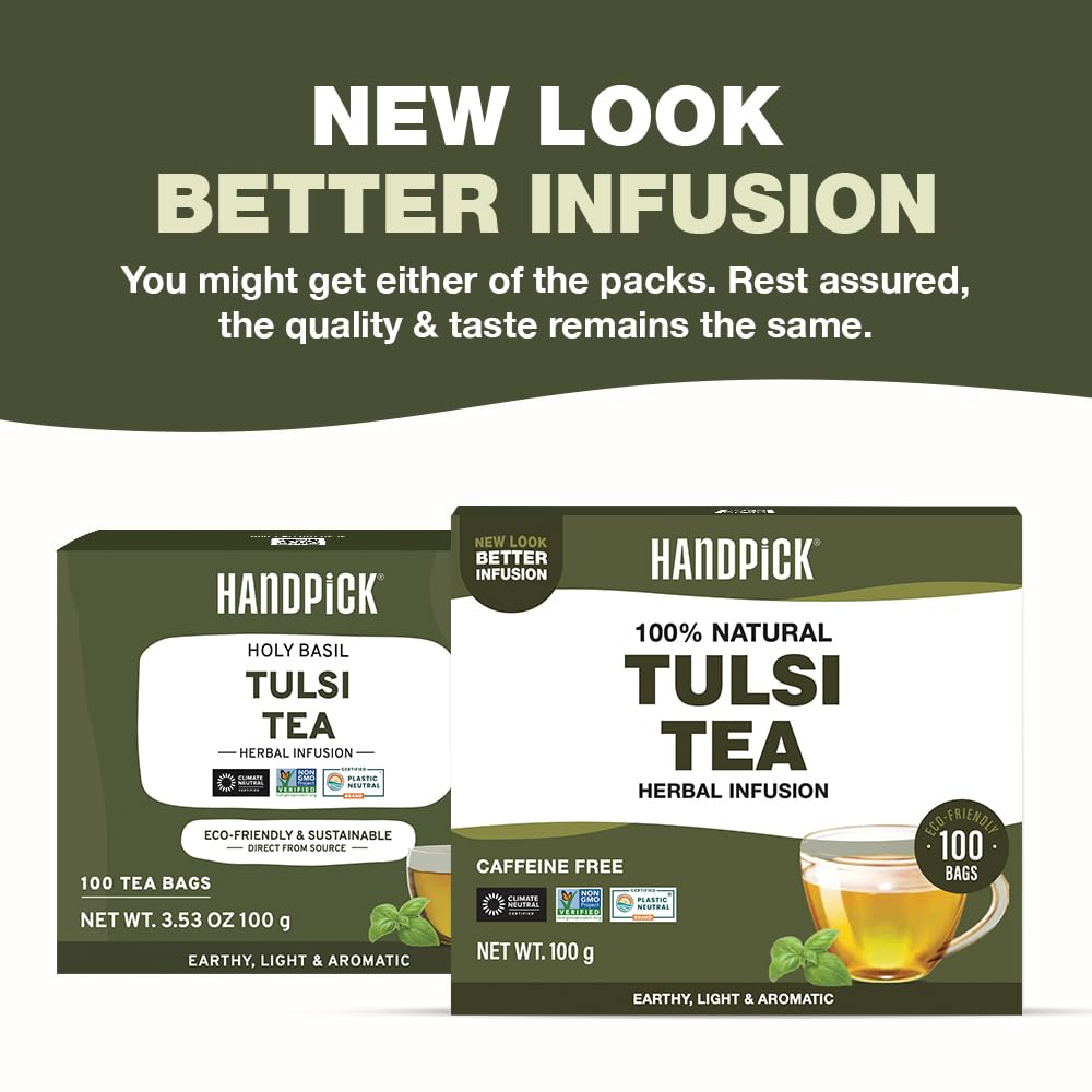 HANDPICK Tulsi tea round tea bags in a handy tube for easy brewing.