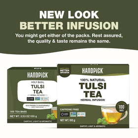 HANDPICK Tulsi tea round tea bags in a handy tube for easy brewing.