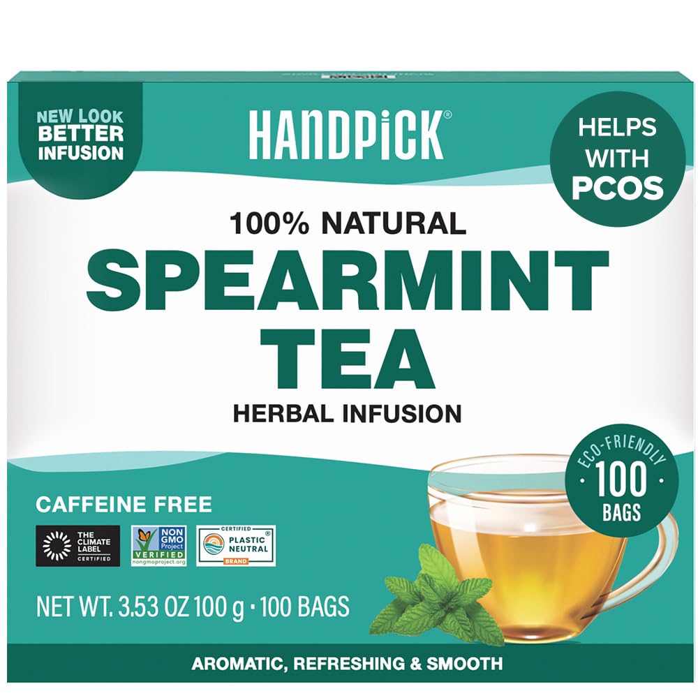 HANDPICK Spearmint tea bags pack highlighting freshness and round eco-friendly design.