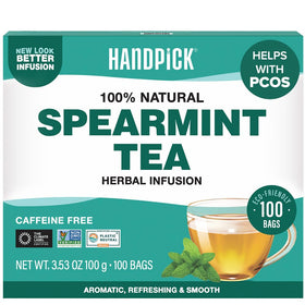 HANDPICK Spearmint tea bags pack highlighting freshness and round eco-friendly design.
