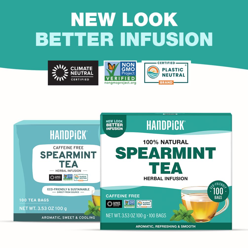 HANDPICK Spearmint tea bags, round bags, showcasing toxin-free, dye-free packaging.