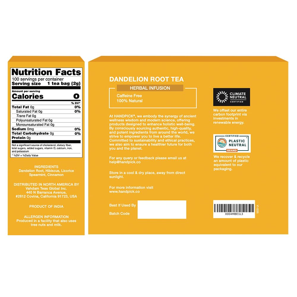 HANDPICK Ingredient blend image shows hibiscus, dandelion, licorice, spearmint, cinnamon.