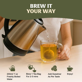 Glass teapot showcases HANDPICK Tulsi Tea’s soothing fragrance during infusion.