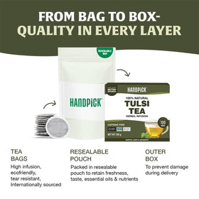 Night-time routine with HANDPICK Tulsi Tea helps unwind after a long day.