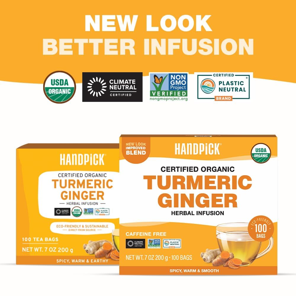 HANDPICK Turmeric Ginger Tea bags closeup showcasing quality tea bags and rich spicy aroma