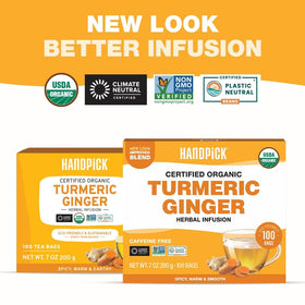 HANDPICK Turmeric Ginger Tea bags closeup showcasing quality tea bags and rich spicy aroma