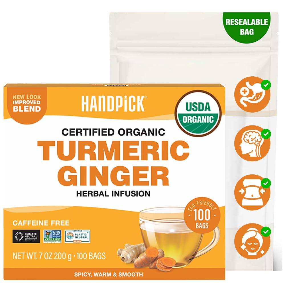 HANDPICK Organic Turmeric Ginger Tea packaging front highlighting premium ingredients and eco-friendly design