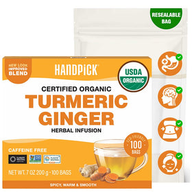 HANDPICK Organic Turmeric Ginger Tea packaging front highlighting premium ingredients and eco-friendly design