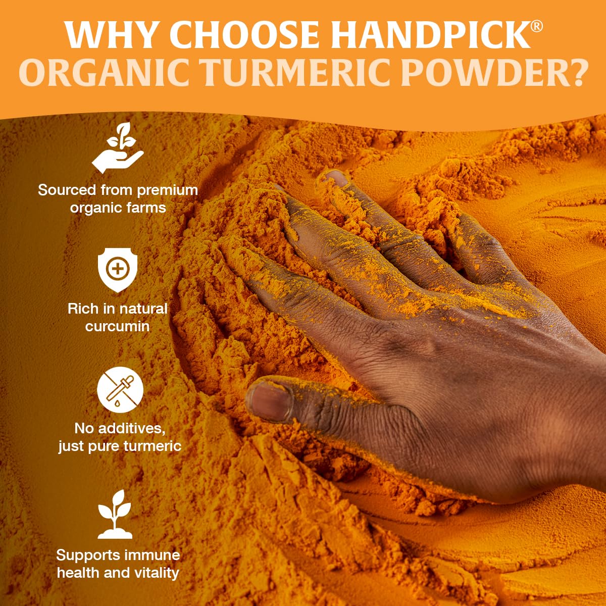 HANDPICK turmeric powder closeup aroma, highlighting earthy, peppery notes.