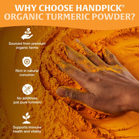 HANDPICK turmeric powder closeup aroma, highlighting earthy, peppery notes.