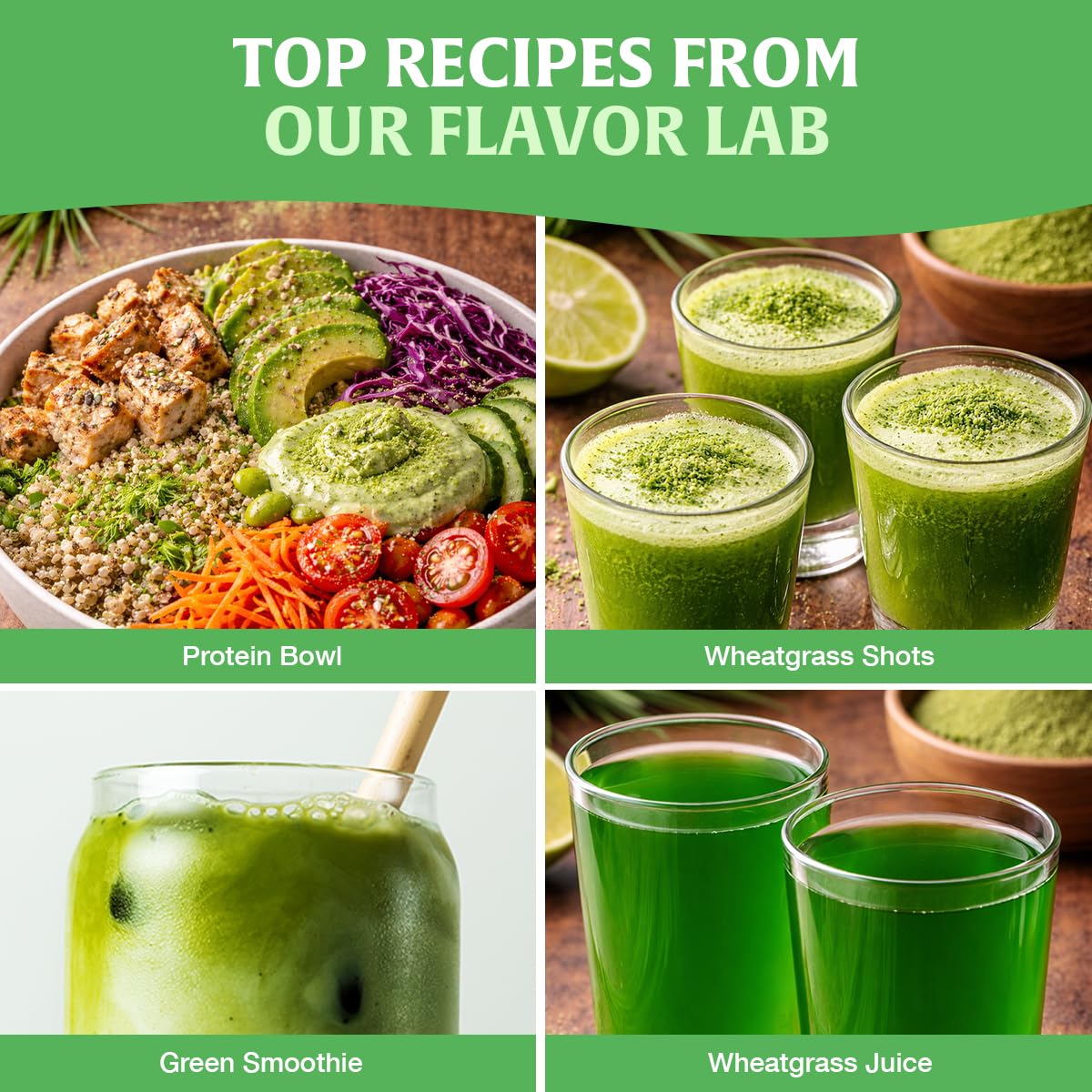 HANDPICK Wheatgrass Powder emerald color close-up signals a fresh, natural ingredient.
