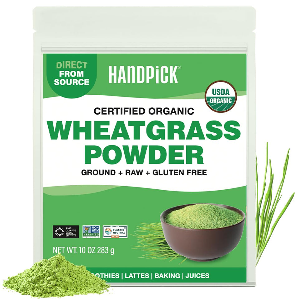 HANDPICK Wheatgrass Powder in a resealable pouch, perfect for quick greens in any daily routine.