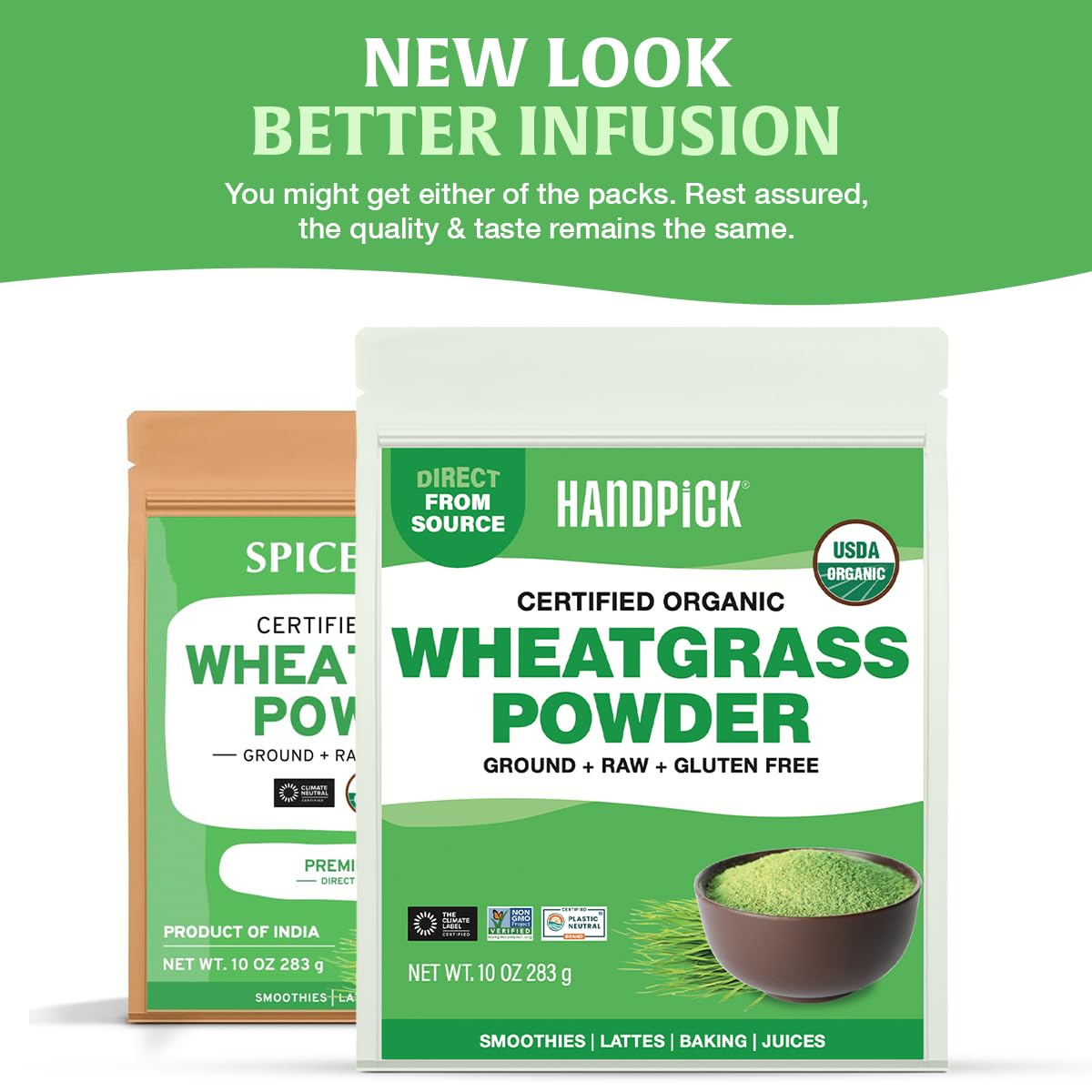 HANDPICK Wheatgrass Powder sealed pouch preserves freshness for smoothies and refreshing water infusions.