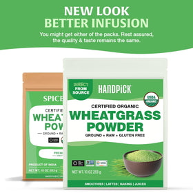 HANDPICK Wheatgrass Powder sealed pouch preserves freshness for smoothies and refreshing water infusions.