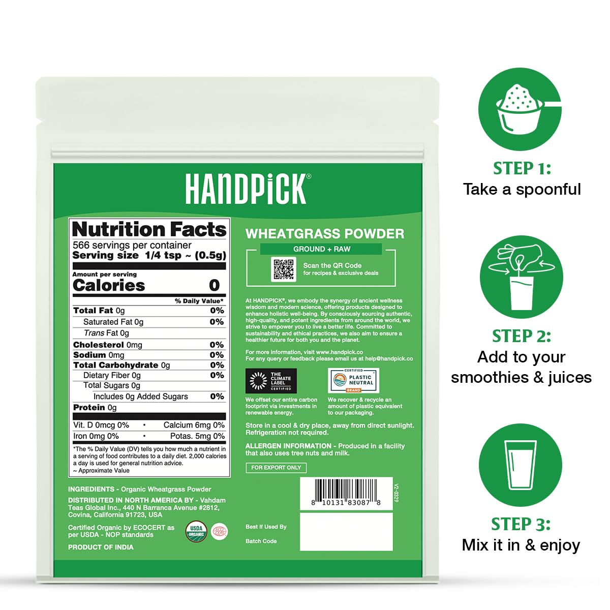 HANDPICK Wheatgrass Powder resealable zipper aids clutter-free storage.