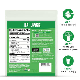 HANDPICK Wheatgrass Powder resealable zipper aids clutter-free storage.