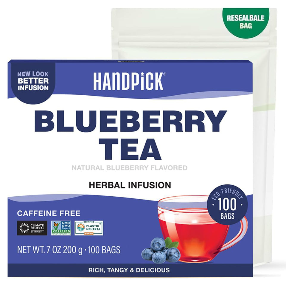 HANDPICK Wild Blueberry Tea Bags pack shows full box for convenient brewing.